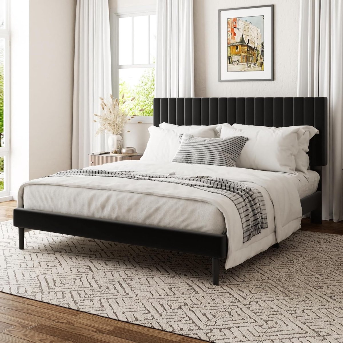 Gestoffeerd Bed - Tweepersoonsbed Frame - Slaapkamer Inrichting - Verstelbaar Hoofdeinde - 140 x 200 cm - Zwart
