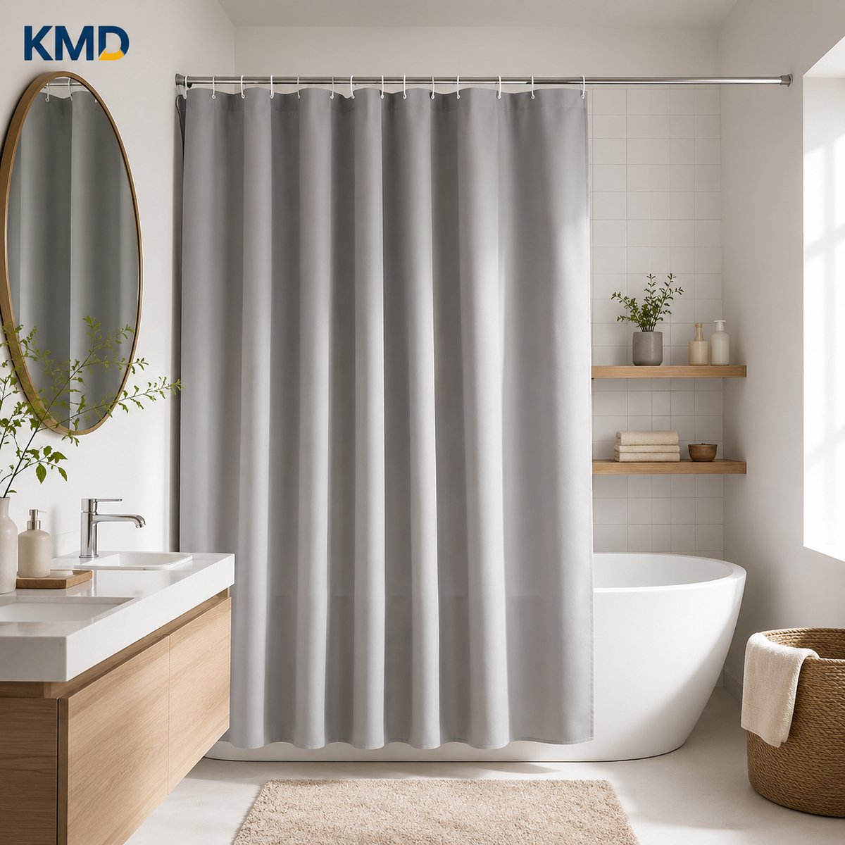 KMD Douchegordijn 180 x 200 cm Lichtgrijs - Schimmelbestendig & Waterafstotend - Machinewasbaar - Incl. Haken