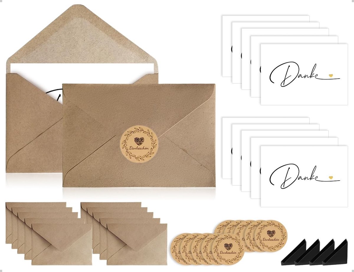 Dailygoods- Bedankkaarten Uniek Ontwerp - 10 Stuks - Kraftpapier Enveloppen - Ronde Stickers - Hoekbeschermers - 10 x 15 cm - Dankkaarten