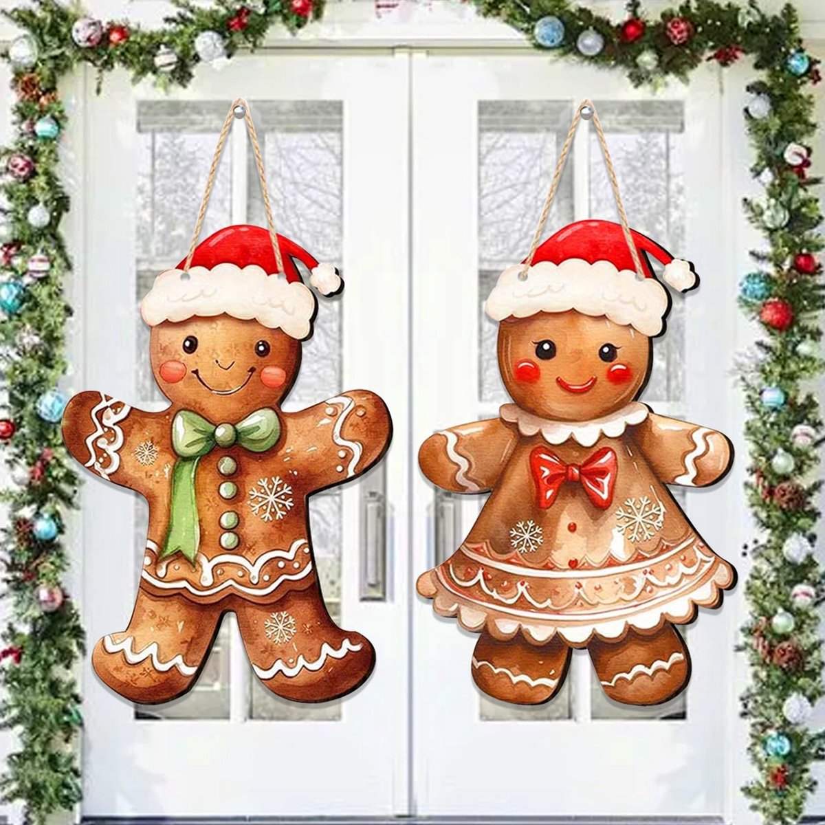 Dailygoods- Kerstdeurhanger Peperkoekmannetje - 2 Stuks - Houten Decoratie - 30 x 15 cm - Schattige Versiering - Voor Binnen/Buiten - Kerstdecoratie