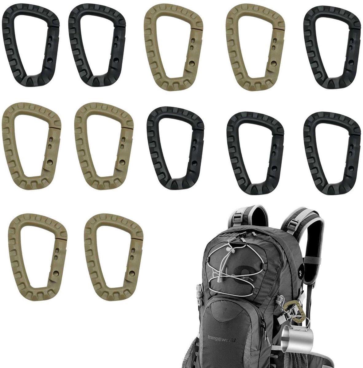 Dailygoods - kunststof karabijnhaken set 12 stuks – lichtgewicht haakclips 84x56mm – zwart en khaki – duurzaam en veilig voor kamperen, wandelen, fietsen, reizen