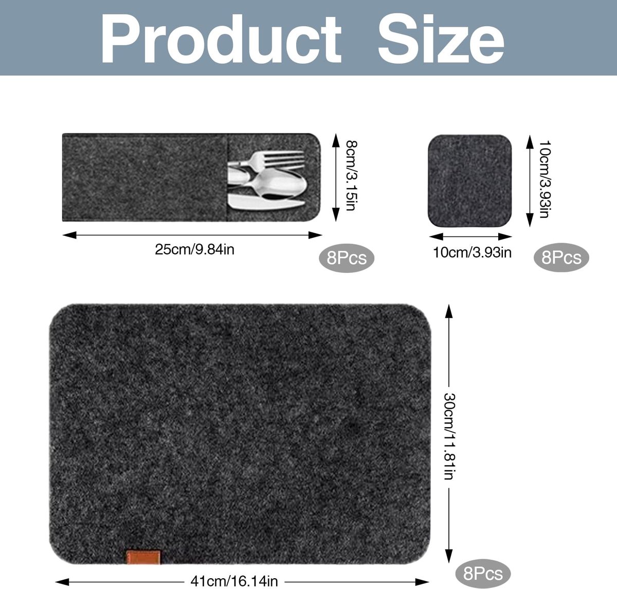 SnelShoppen - Set van 24 Vierkante Vilt Placemat Set met 8 Placemats, 8 Coasters en 8 Bestekzakken, Wasbaar, Hittebestendig, Stijlvolle Tafeldecoratie — cadeau in Wonen & Interieur - foto 4