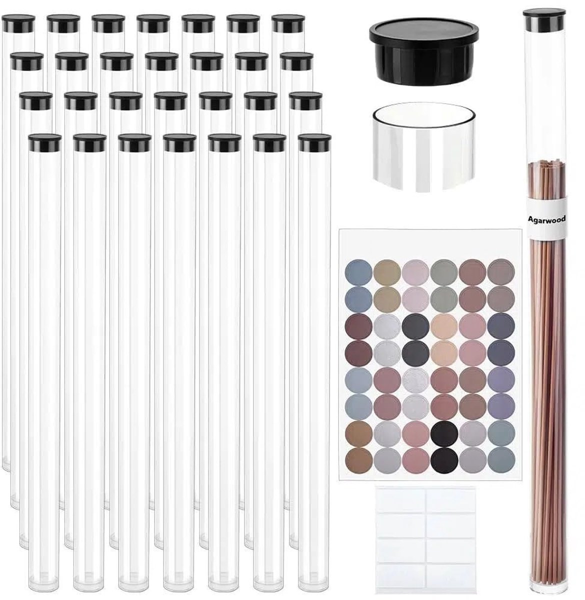 Dailygoods- Opbergbuis 50 Stuks - Doorzichtige Plastic Buis - Zwart Deksel - Kralencontainers - Labelstickers - Voor Wierookstokjes 8-10 Inch
