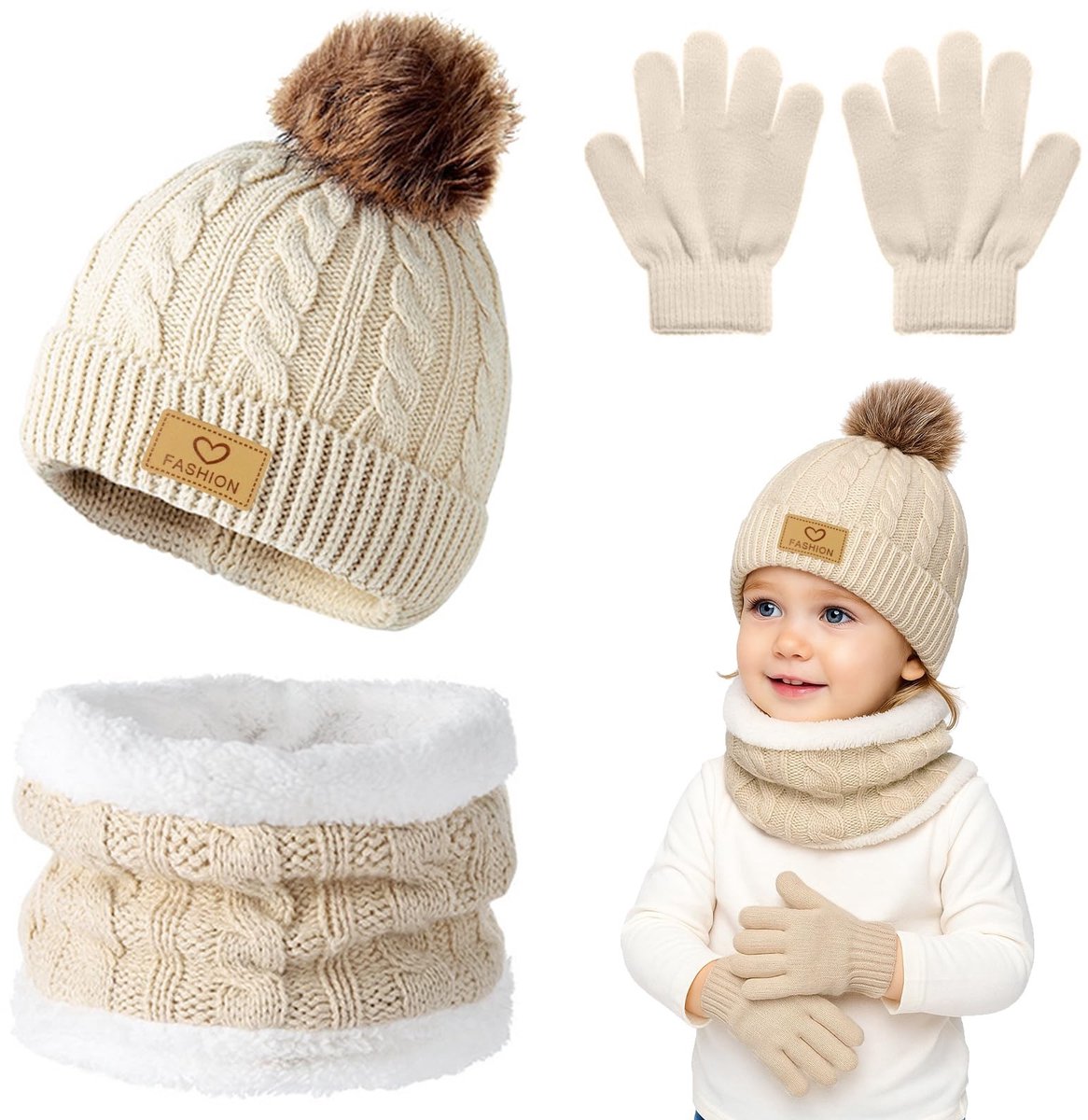 Dailygoods - Winmany 3PCS Kinderen Winter Mutsen Handschoenen Sjaal Set Peuter Fleece Nek Warmer Muts met Pom Gebreide Wanten Set voor Meisje Jongen