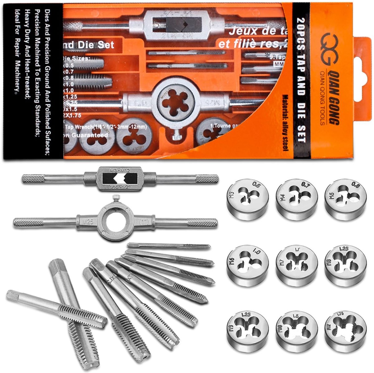 Dailygoods - 20 stuks schroefdraadsnijders, gelegeerd staal, M3-M12, tap and de set met schroefdraadtap, accessoires voor het snijden van buiten- en binnendraad