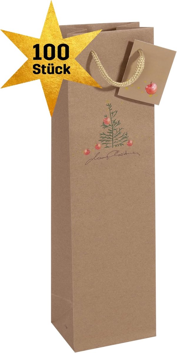 Papieren Cadeauzakken - Fles Verpakking - Feestelijke Geschenkverpakking - Inclusief Lint en Kaartje - 10 x 35 cm - Bruin