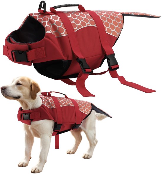 Rood honden reddingsvest met visgraatpatroon, gedragen door een labradoodle, en een losse weergave.