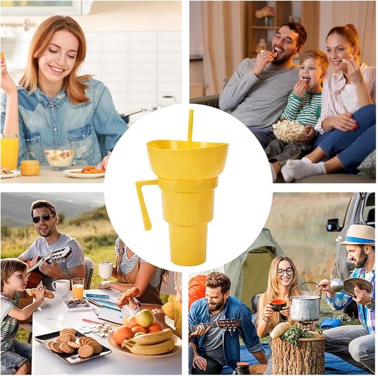 Beker met Snackhouder - Drank en Snack - Outdoor Gebruik - Draagbaar en Ruimtebesparend - 17 cm Breed - Geel — afbeelding 4