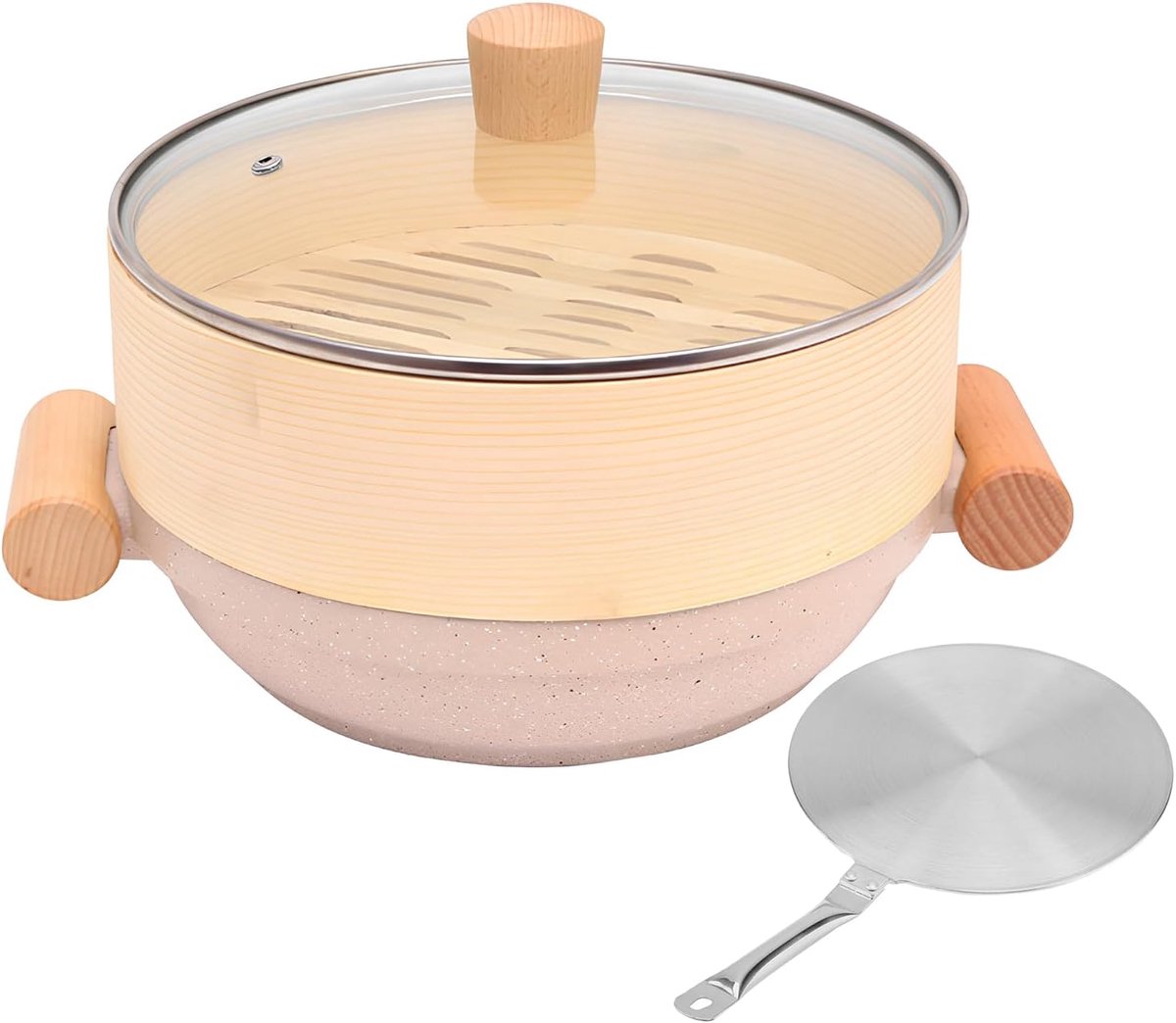 Bamboe Stoompan Stoommand Set Gezond Koken Keramische Antiaanbaklaag 32 cm Natuurlijk