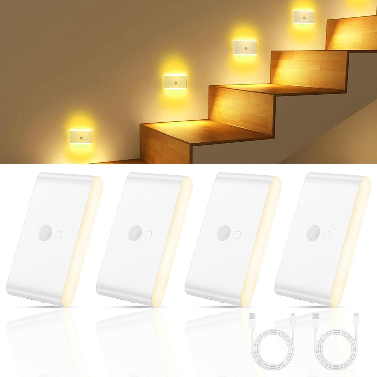 Vellaro Nachtlampen met Bewegingssensor - Draadloze LED Wandlampjes - Oplaadbaar via USB-C - Slimme Bewegingsdetectie - Voor Trap, Gang, Slaapkamer en Badkamer wit
