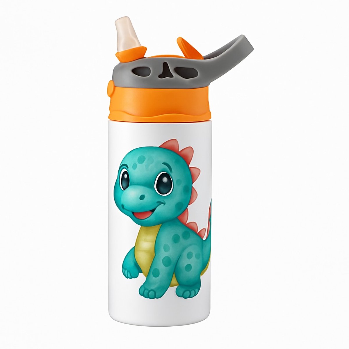 Charmante Aquarel Zee Drinkfles – Vrolijke Dino Cartoon Fles voor Kinderen en Studenten - Waterfles voor kinderen (wit/oranje)