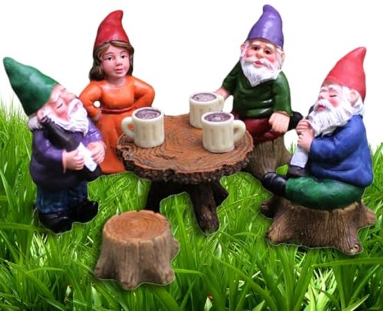 Lot de 6 nains de jardin - Figurines en résine réalistes avec table et tabouret - Décoration pour jardin et extérieur - ModernStore