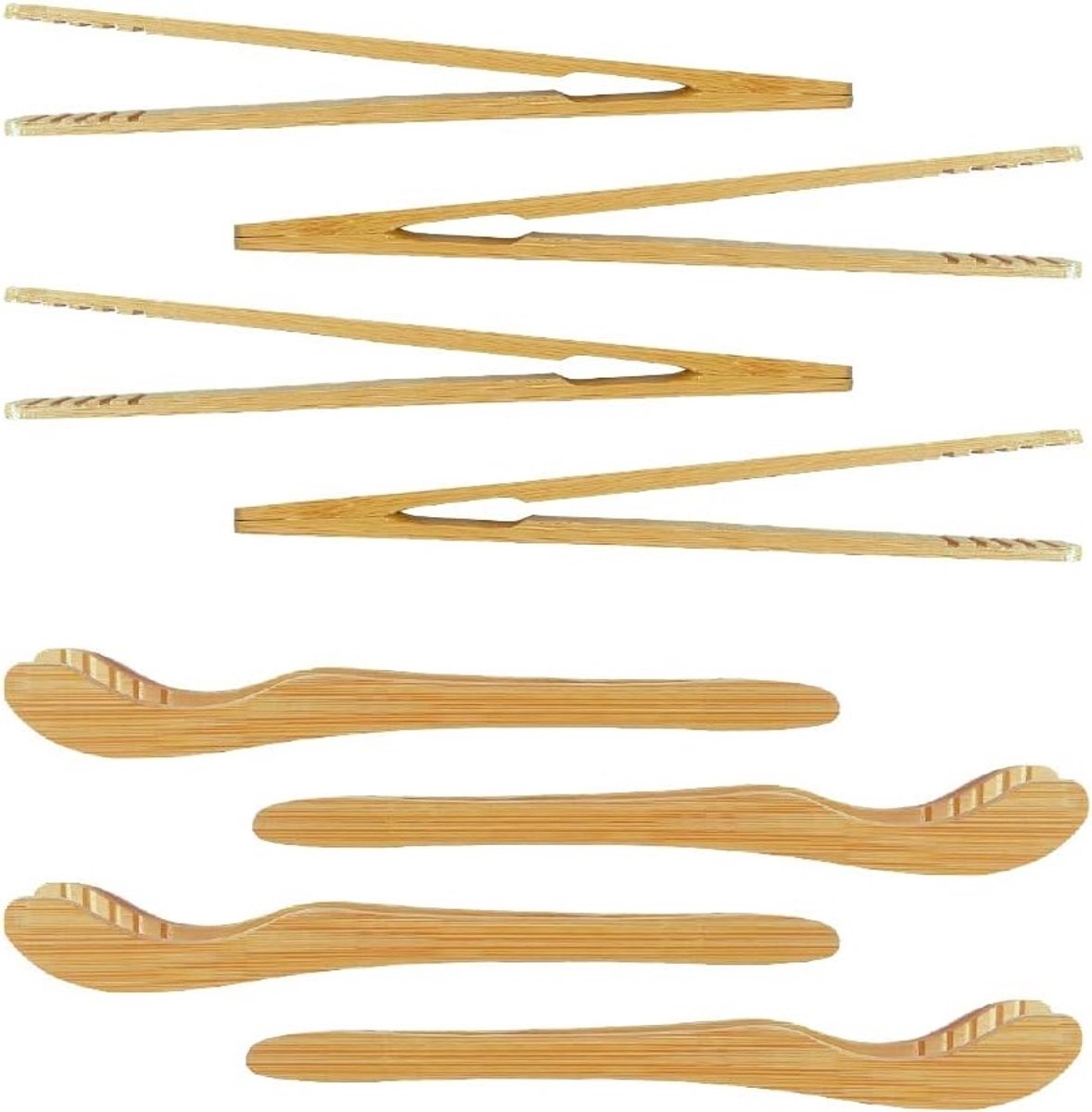 Set van 8 Bamboe Tangen voor Toast, Brood en Pickles - Houten, Antislip, Rechte en Gebogen Tangen voor Koken