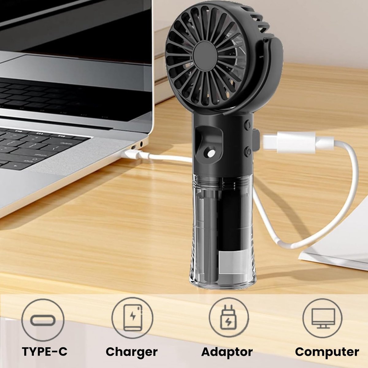 Handventilator - Ventilator Met Waternevel - Handmist Ventilator Oplaadbaar USB - met Watertank - 4 Standen - Verstelbare Koelventilator voor Zomer Buiten - zwart thumbnail 3