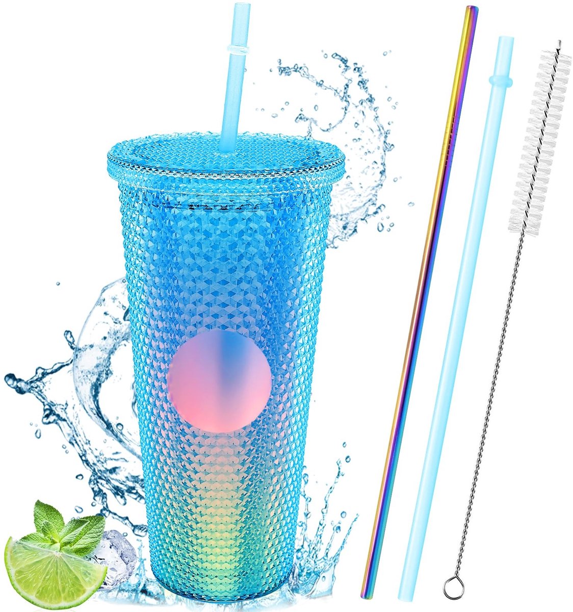 Dailygoods- Klinknagelbeker 710 ml - Dubbelwandige Koffiemok - Drinkbeker met 2 Rietjes - Reisbeker voor Koude/Warme Dranken - Milieuvriendelijk - Houdt Dranken 12 Uur Koud