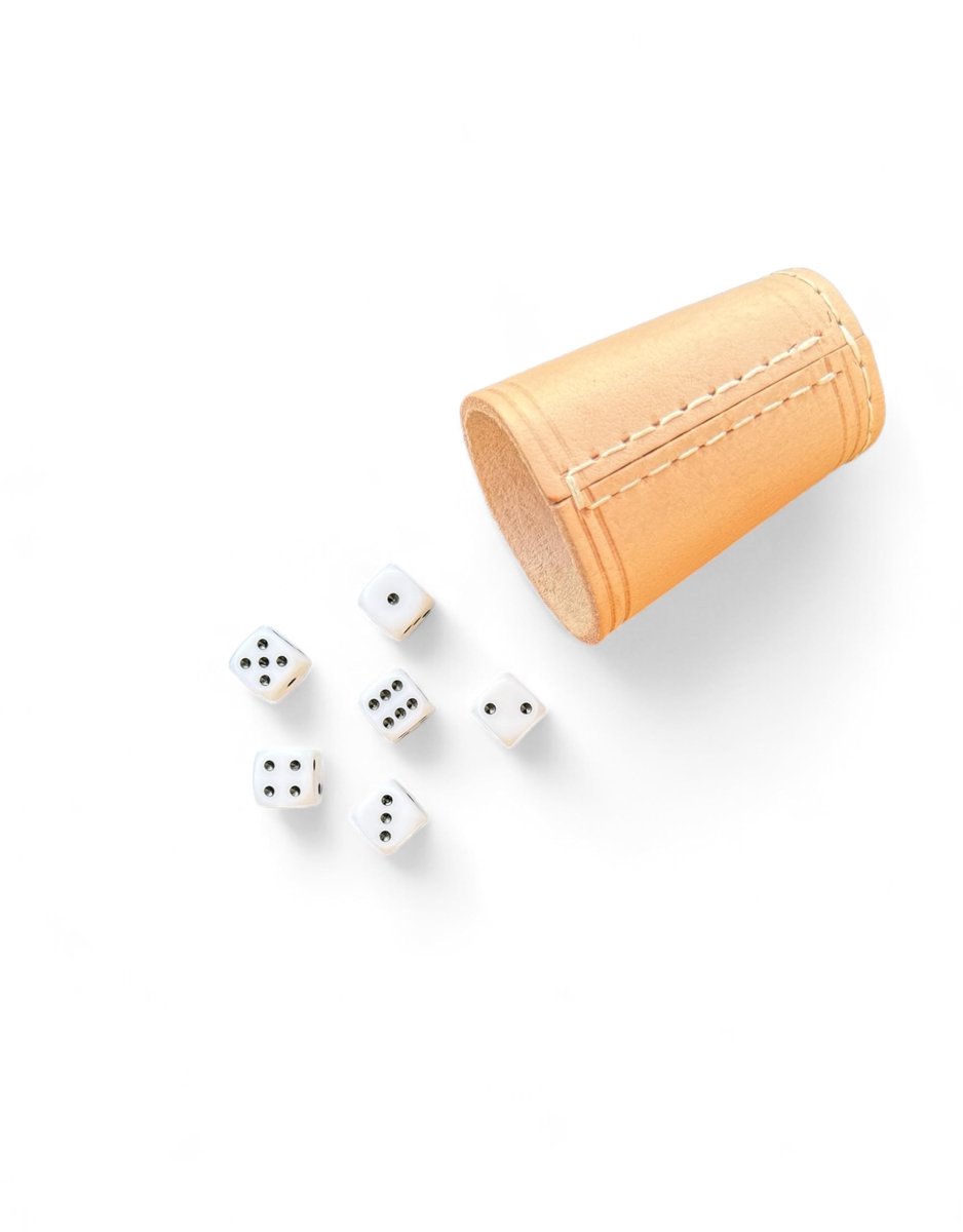 Dailygoods- Kniffelbeker van echt leer - Dobbelbeker - Dobbelset - Handgemaakt - 6 dobbelstenen - Hoogwaardige kwaliteit - 9 cm