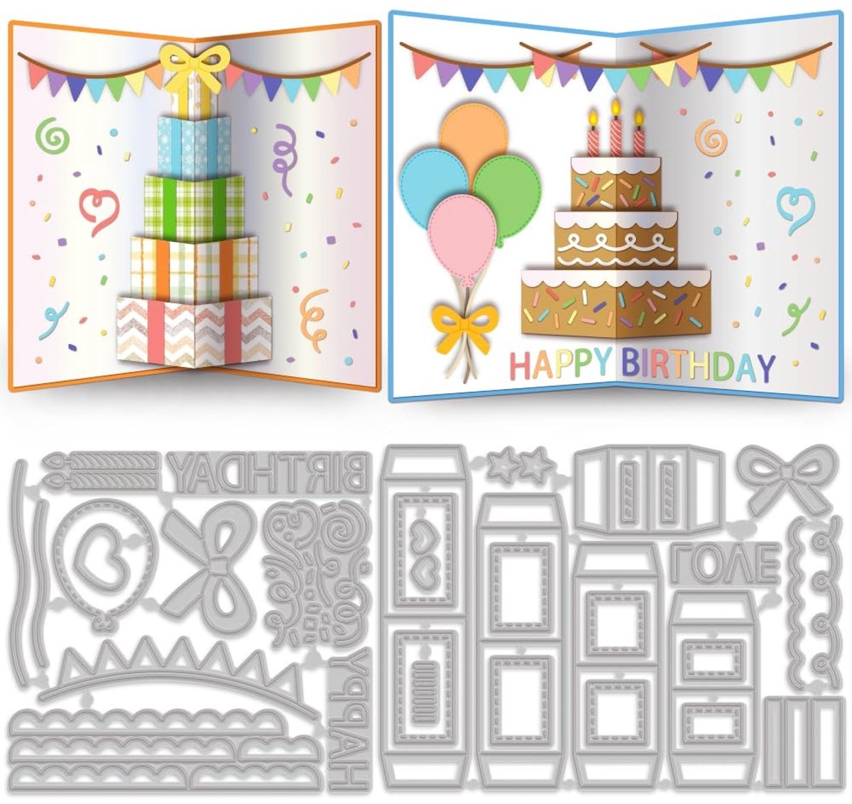 Dailygoods- Geschenkdoos 3D Pop-up - Verjaardagstaart/Kaarsen/Bogen - Stansvormen - Creatief Patroon - 34 Stuks - Hoogwaardige Ontwerpen - Cadeaubox