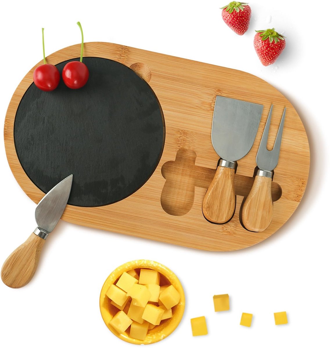 Dailygoods - Houten Kaasbord met 3 Kaasmessen en Leisteen Dienblad