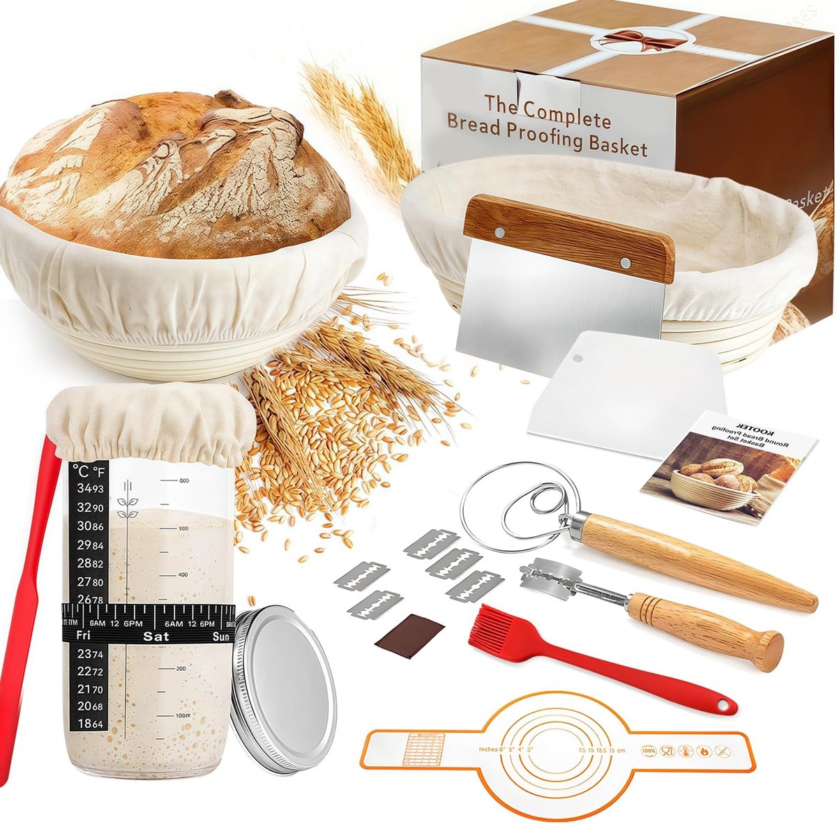 Dailygoods- Broodbakset Compleet - 17 Delige Set - Zuurdesem Starterset - Rijsmanden Rond/Ovaal - 650ML Zuurdesemglas - Broodbak Accessoires - Broodbakaccessoires