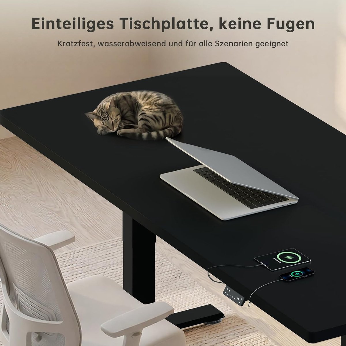 Elektrisch zit-sta bureau 180x80 cm op wielen – House&Garden – Dubbele motor, 2 motoren, in hoogte verstelbaar bureau met memory presets, 25 mm eendelig tafelblad, USB-poort, kabelmanagement, 100 kg draagvermogen – modern zwart ergonomisch bureau