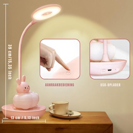 QORA® Bureaulamp Kinderkamer - Bureaulamp Roze - Tafellamp Kinderkamer - Roze - 11cm x 11cm x 37cm — afbeelding 5