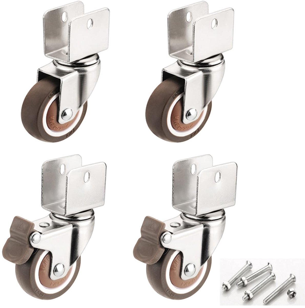 Dailygoods- Meubelwielen 50 mm - Zwenkwielen set van 4 - Zachte rubberen wielen - Met rem - Geluidsarm - Bescherming voor houten vloeren