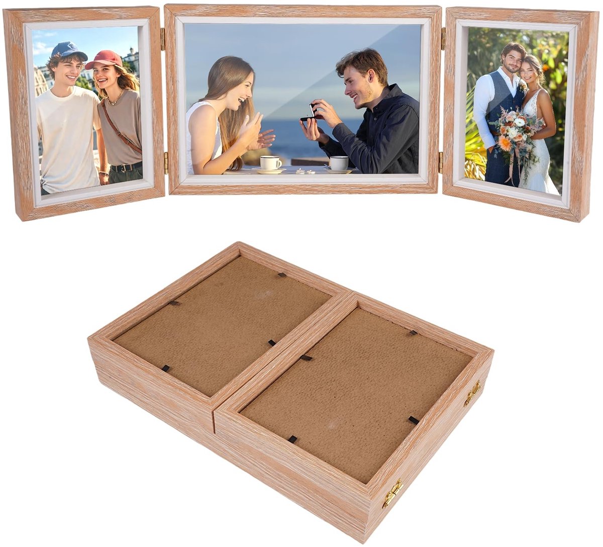 Dailygoods- Fotolijst Houten - Inklapbaar Design - Voor 3 Foto's - 10x15 cm/15x21 cm - Hoogwaardig MDF - Acryl Voorkant - Meervoudige Fotolijst