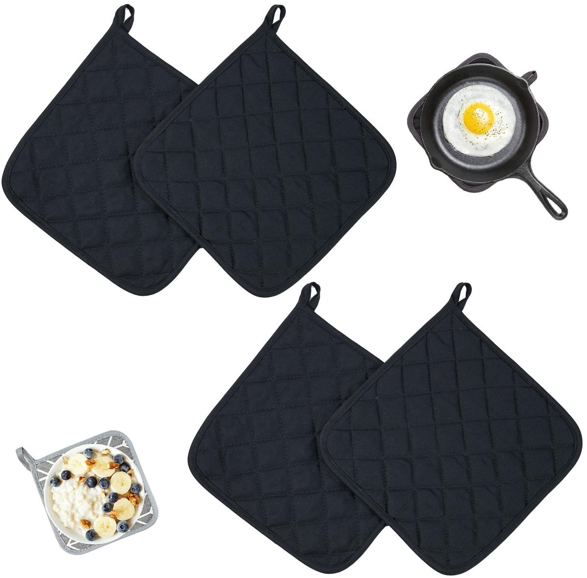 Dailygoods- Pannenlappen Set van 4 - Wasbare Katoenen Lappen - Antislip - 17 x 17 cm - Voor Ovens/Bakken - Zwart - Keukenhanddoeken