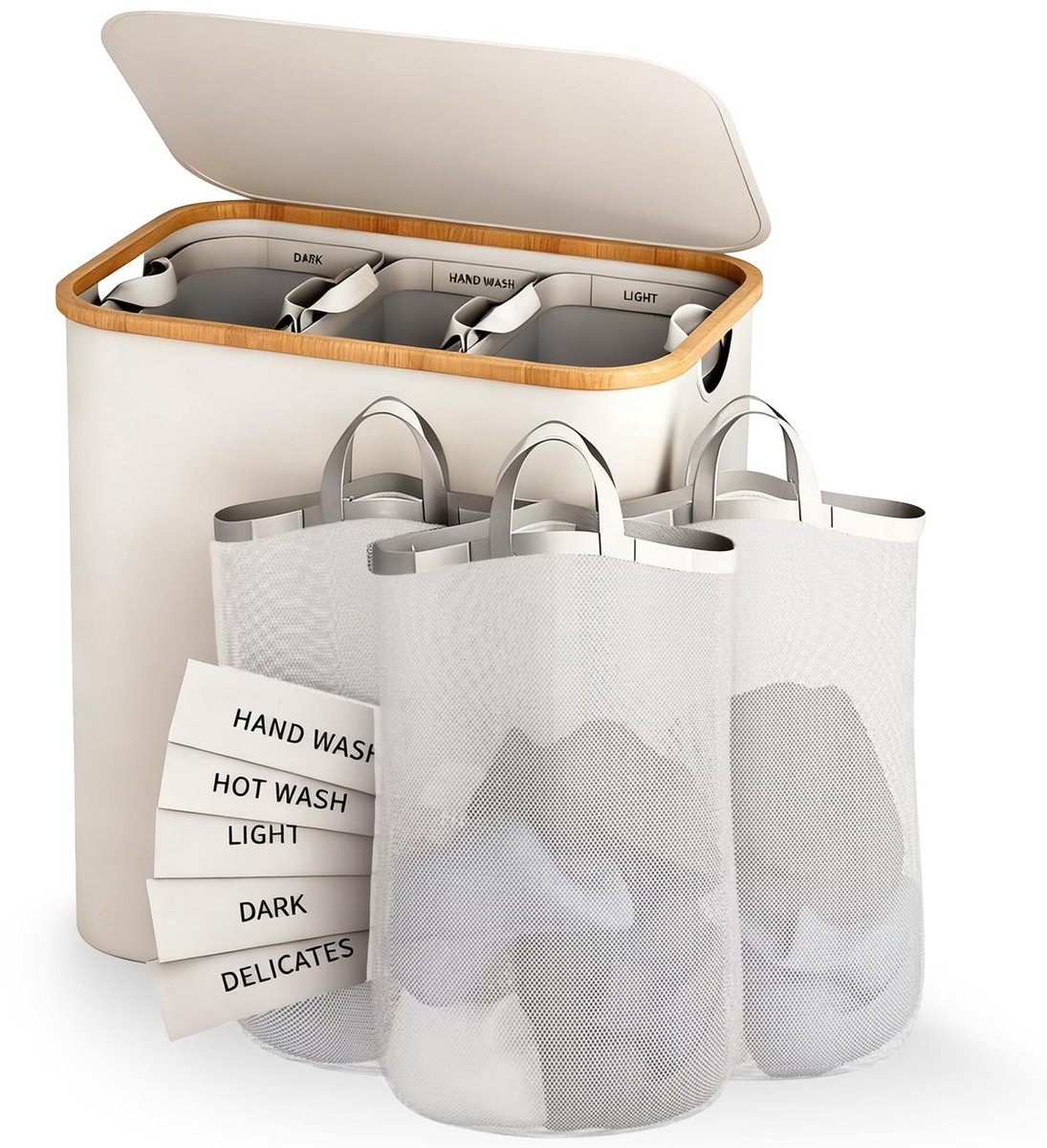 Dailygoods- Wasmand 3 Vakken - Wasmand met Deksel - Wassorteerder - Opbergmand - 160L - Verstelbaar - Praktische Hulp voor Organisatie - Wascontainer