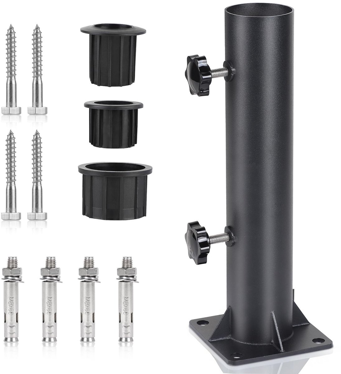 Dailygoods- Parasolhouder Verstelbaar - Staande Buis - Bodemhuls met 8 Stalen Spijkers - Verloopringen 32/40/50 mm - Zwart - Geschikt voor 57 mm Parasolstok - Parasolstandaard