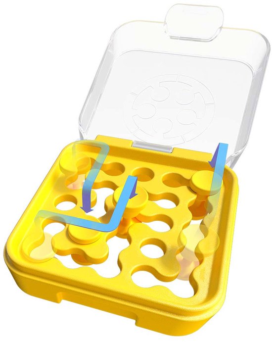 Geel spelbord met openingen en gele schijven, met blauwe pijlen die een pad aangeven.