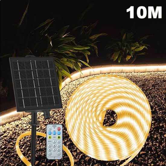 Solar LED strip 10 meter buiten - Waterdichte LED verlichting met timer en afstandsbediening - Auto aan/uit dimbare 8 lichtstanden - Kniplbare lightstrip voor camping, zwembad, terras - Warmwit