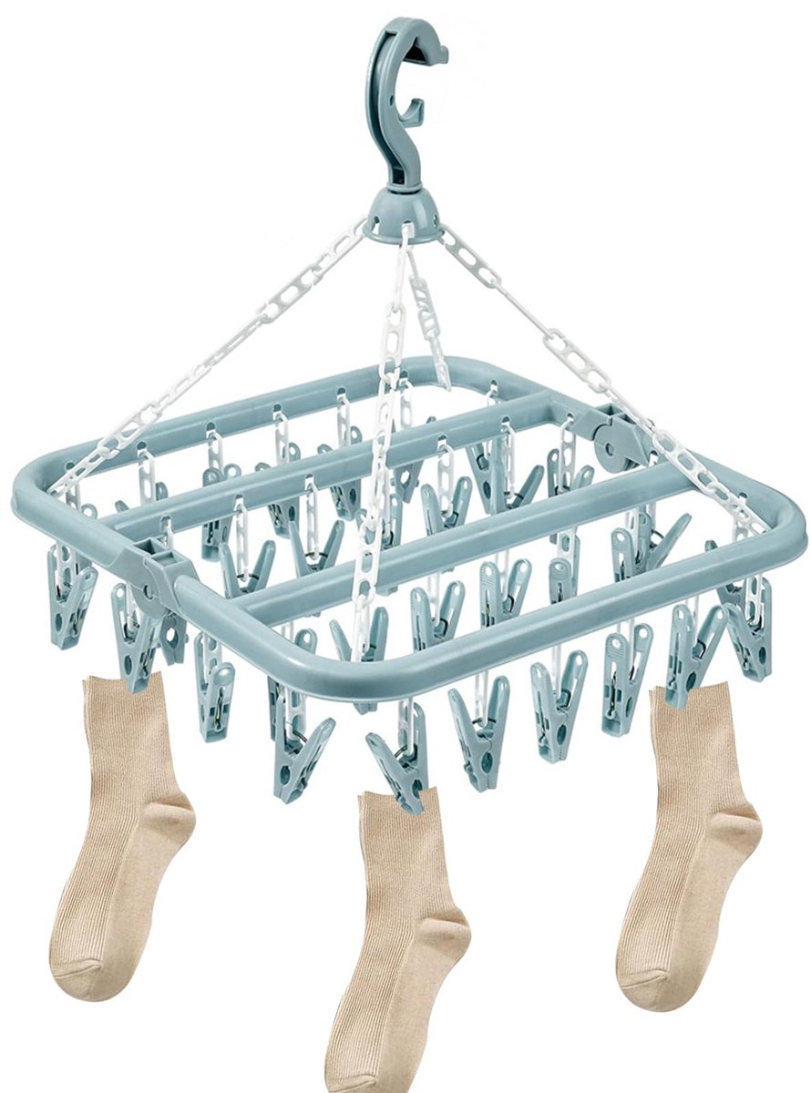 Dailygoods- Sokkendroger Opvouwbaar - Hangende Sokkenhouder - 32 Clips - Windbestendige Haak - Duurzaam PP-Materiaal - Afmetingen 32 x 32 x 34 cm - Wasrek