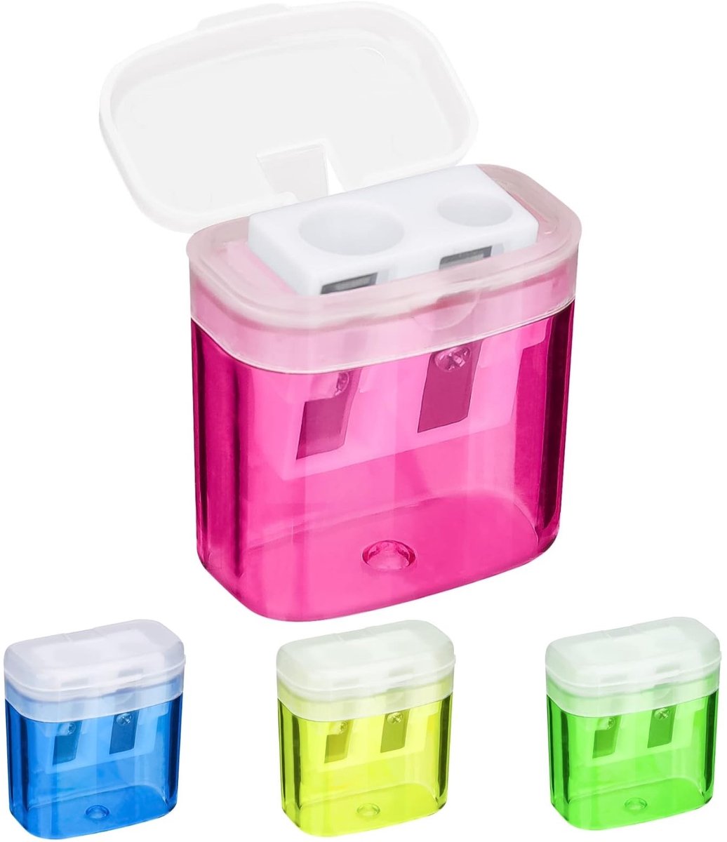 Dailygoods- Puntenslijper Dubbel - 4 Kleuren - Puntenslijper met Opvangbakje - Duurzaam - Geschikt voor School/Kantoor - Veilig Ontwerp - Scherper