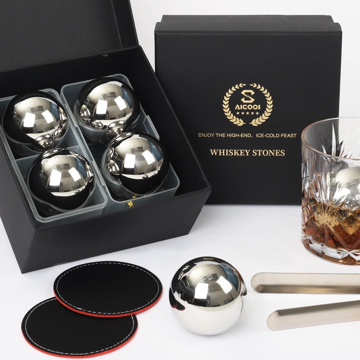 Dailygoods- Whiskystenen van roestvrij staal - Herbruikbare ballen - Grappig kerstcadeau - Cadeau voor mannen - Witte olifant - Set van 4 grote ballen - Whiskyballen