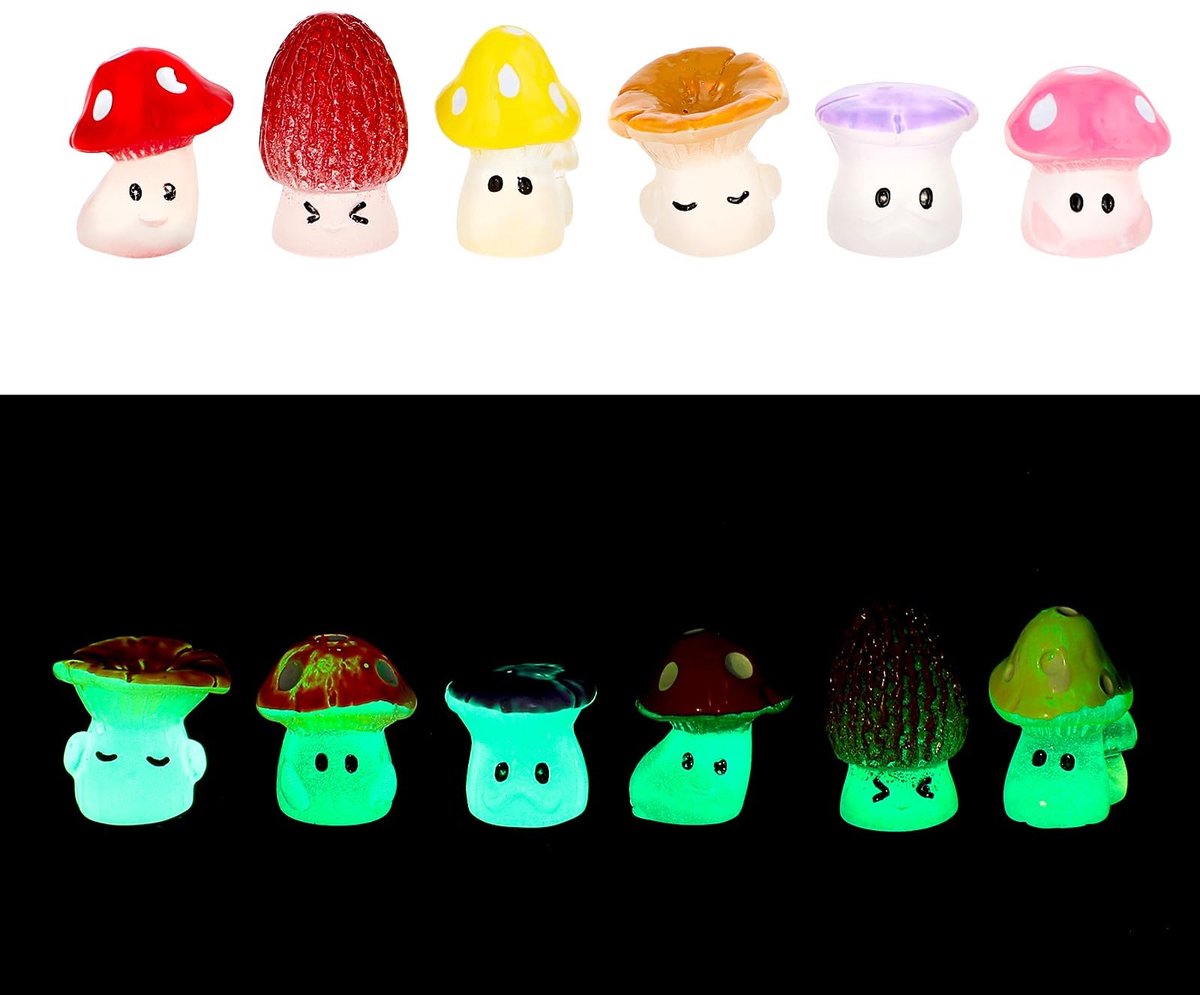 Dailygoods- Miniatuur Paddenstoelen - 12 Stuks Lichtgevend - Hars Tuindecoratie - Schattige Standbeelden - Kleurig Ontwerp - Voor Binnen/Buiten