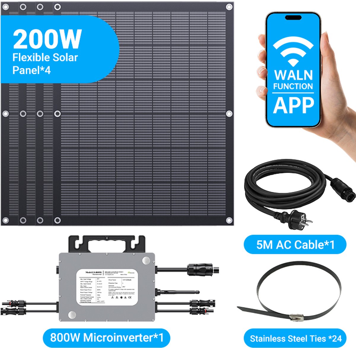 LIONSHEE LS-PV800Mi Flexibele Zonnepanelen Set 800W – 4x 200W Zonnepanelen + 800W Micro-omvormer met Wifi – Plug & Play Balkoncentrale – IP67 – Incl. 5M AC Kabel