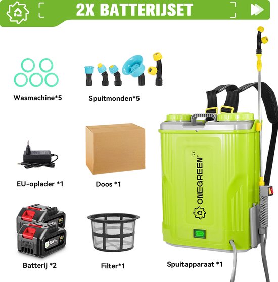 ONEGREEN Accu drukspuit - 20 liter - Onkruidbestrijding - Elektrische Drukspuit - met 2x Accu’s en 5x Sproeikoppen - voor Tuin, Gazon en Terras van OneGreen — afbeelding 3