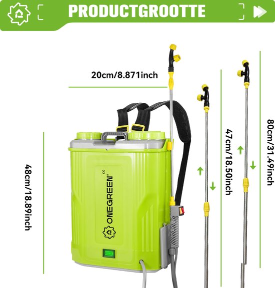 ONEGREEN Accu drukspuit - 20 liter - Onkruidbestrijding - Elektrische Drukspuit - met 2x Accu’s en 5x Sproeikoppen - voor Tuin, Gazon en Terras van OneGreen — afbeelding 4