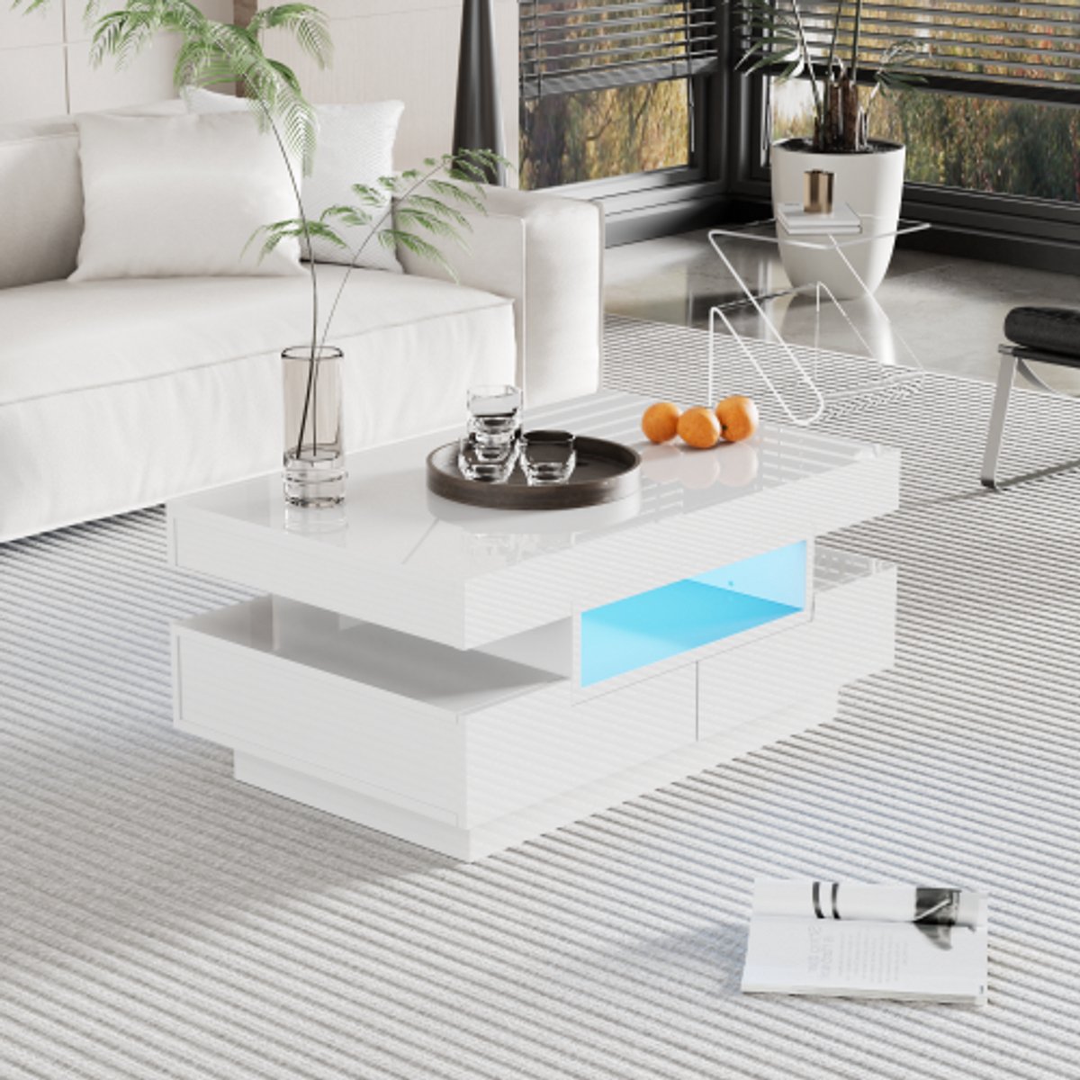 LemonBest Salontafel met LED 80 x 50 x 36 cm - Hoogglans Koffietafel met 4 Laden en 3 Open Vakken - Opbergtafel voor Woonkamer - Wit