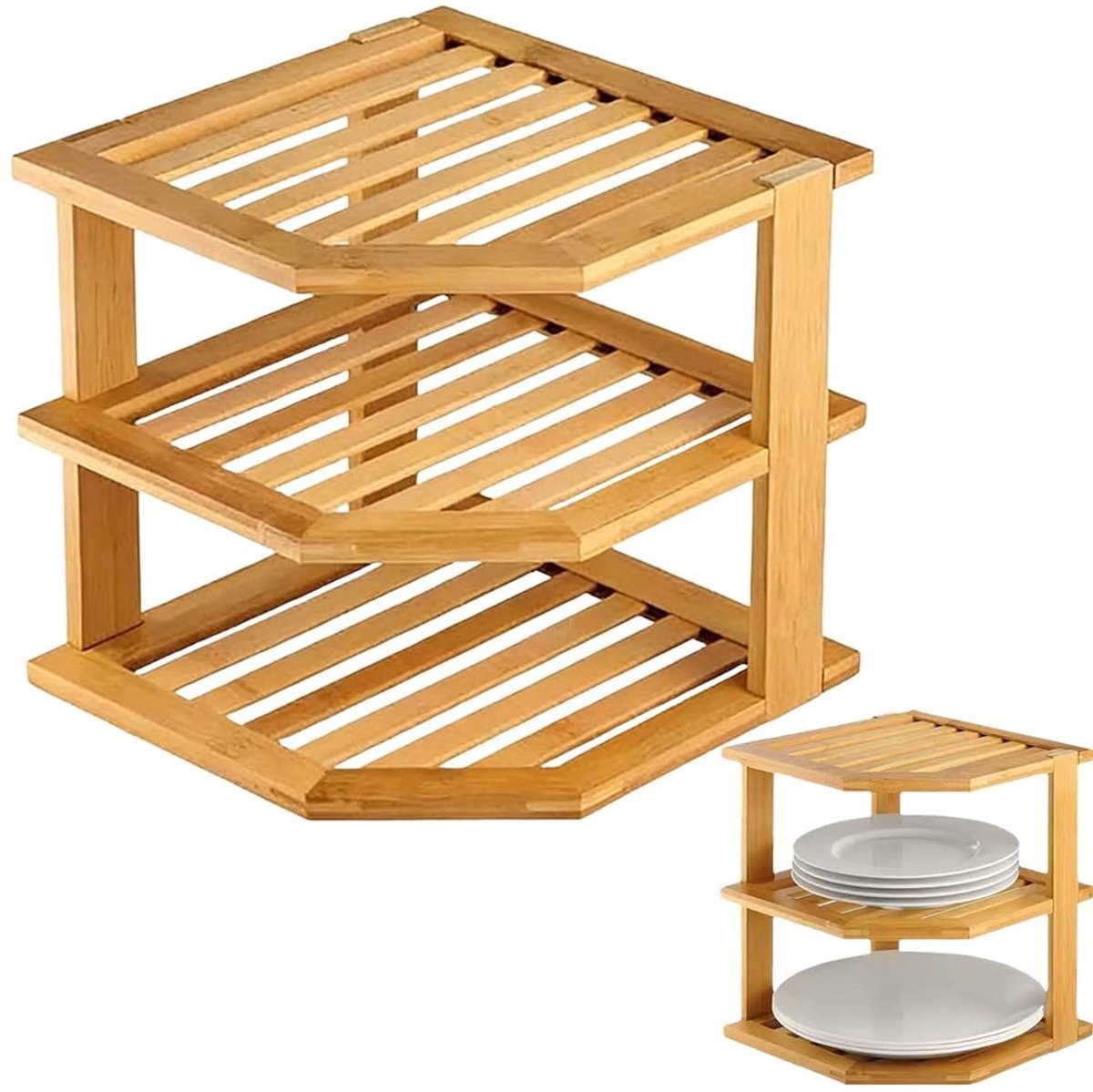Dailygoods - Hoekrek keuken, bamboe 3 niveaus, keukenrek, hoekrek, ruimtebesparend werkblad, ruimtebesparend keukenrek voor de hoek, staande organizer voor specerijen, oliën en gebruiksvoorwerpen op de