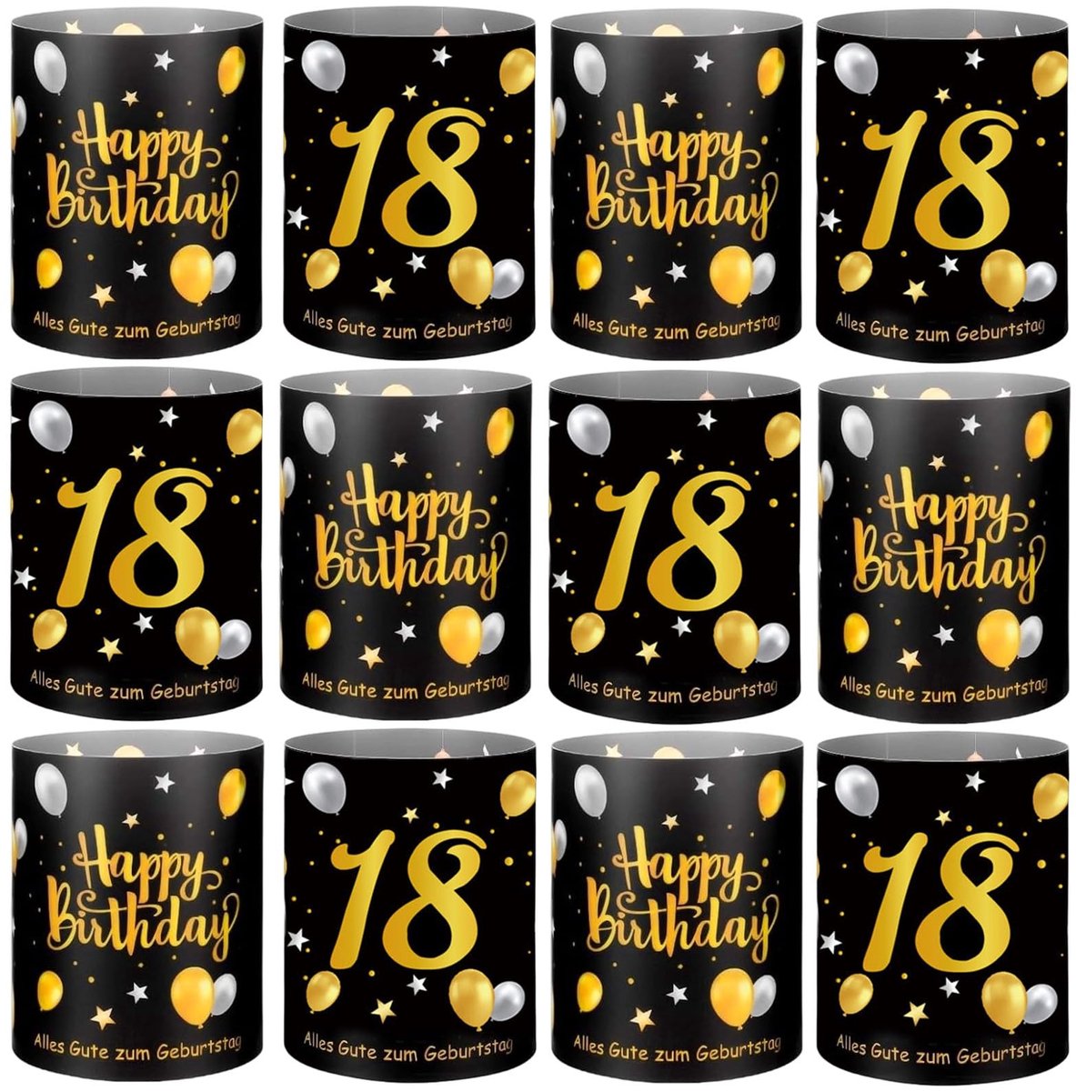 Dailygoods - 12 stuks windlicht tafeldecoratie 60e verjaardag Happy Birthday tafeldecoratie theelichtjes of kaarsen deco zwart goud voor mannen vrouwen (12, 18)