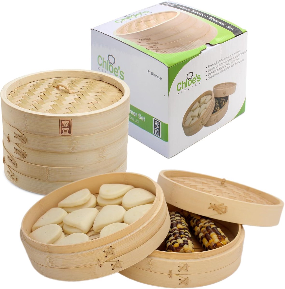 Bamboe Stoommand - Stoominzet - Gezond Koken - Inclusief Katoenen Liners - 25 cm - Natuurlijk