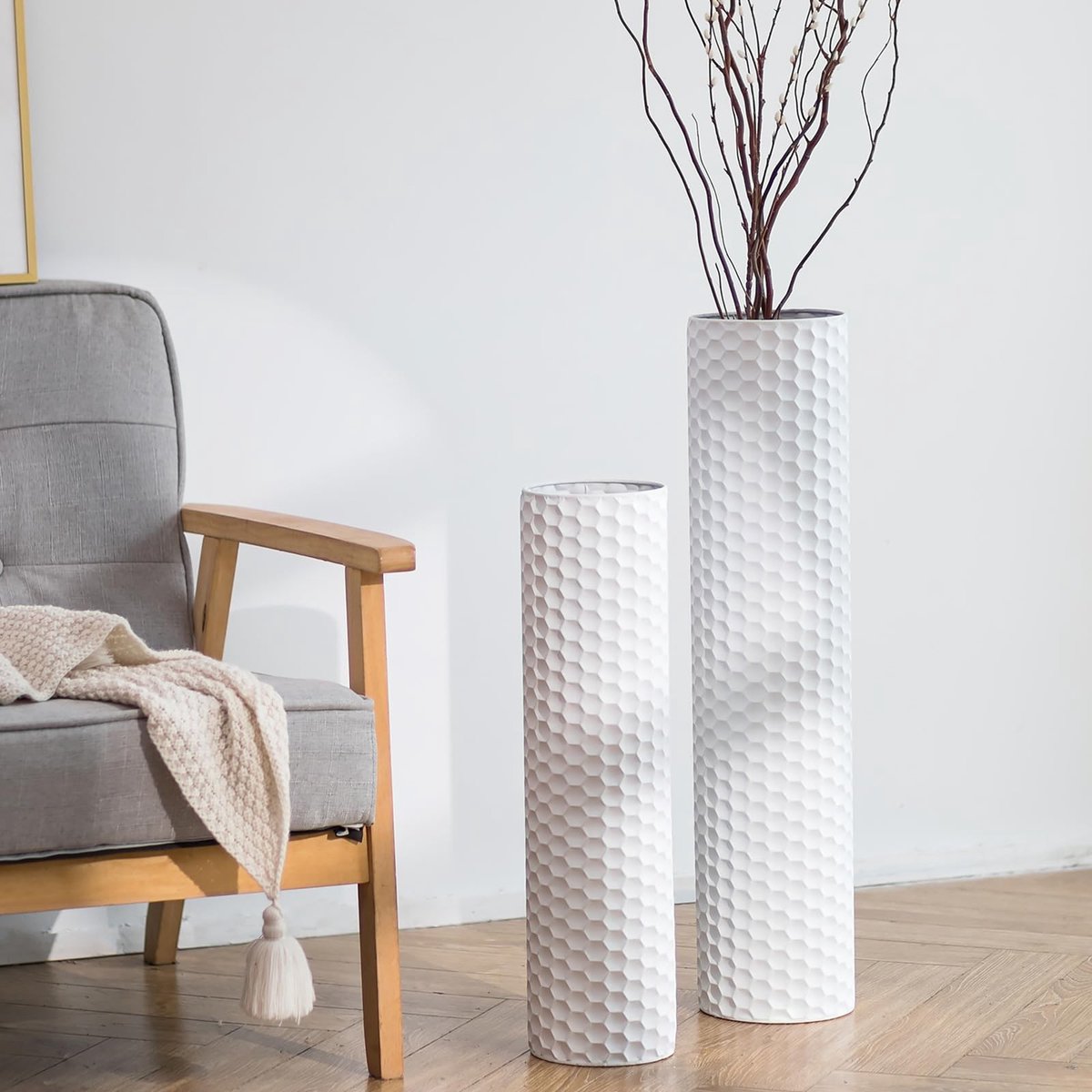 Solidchoice - Sziqiqi Wit Grote Vloervaas: 70/55 cm Hoge Vazen Staande Set van 2 Metalen Hoge Vloer Vaas voor Woonkamer Moderne Honingraat Textuur Bloemen Vaas voor Eetkamer Slaapkamer Home Hoek Hal Kantoor
