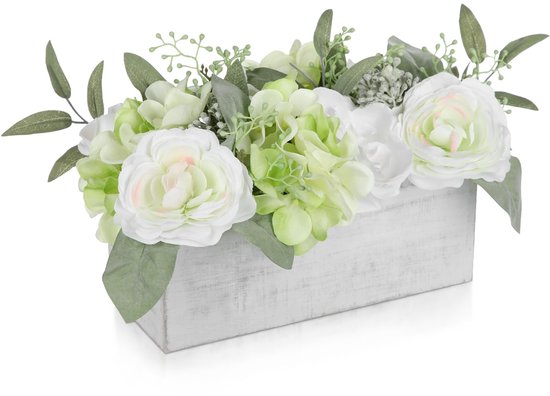 Solidchoice - Oairse Hortensia Kunstbloemen in houten vaas, kunstbloemen in pot, kunstpotbloemen, pioenrozen, hortensia, tafelopzetstukken voor tafeldecoratie, woonkamer, binnen, thuis, badkamer