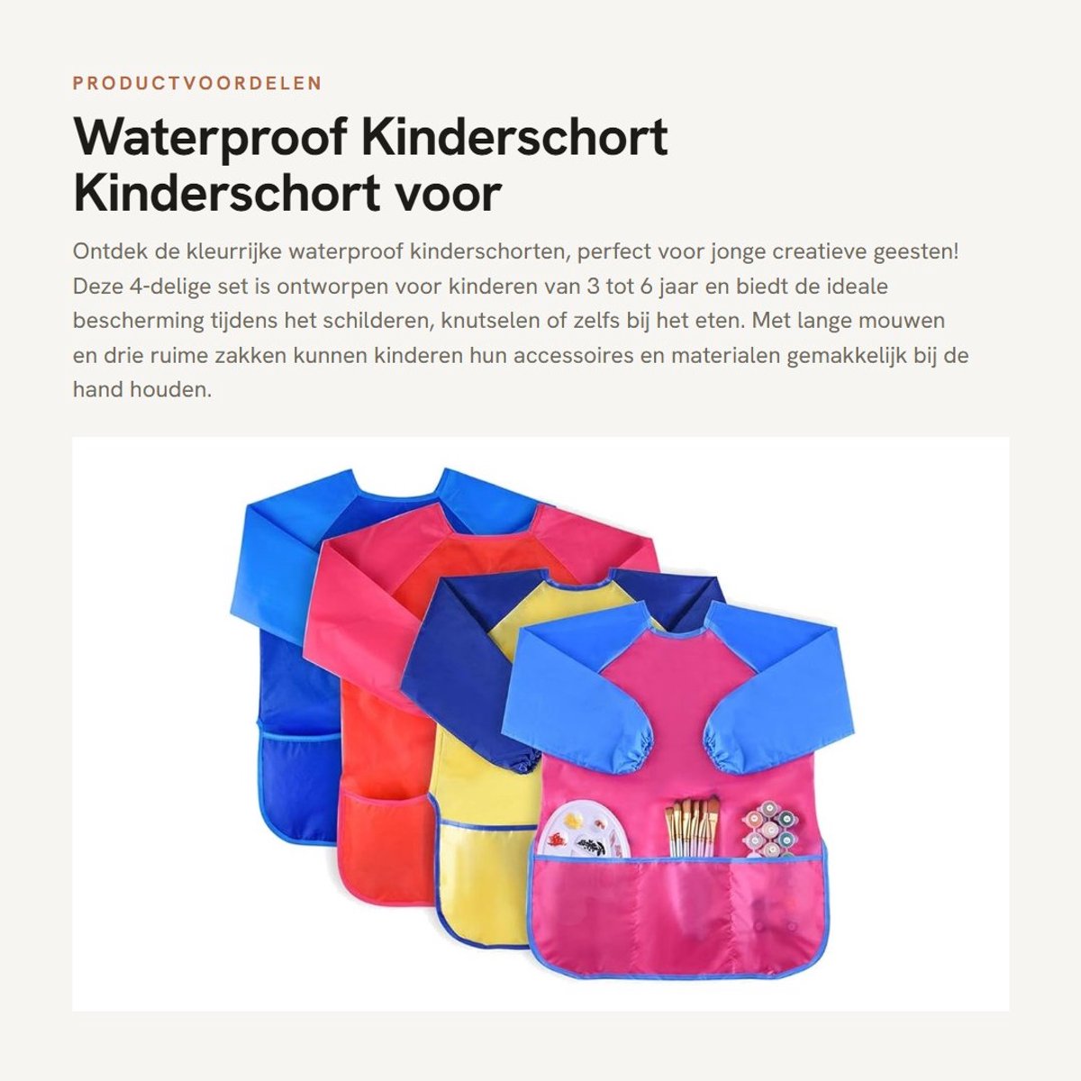 Solidchoice- Schort Waterdicht - Kinderen Schilderen - Lange Mouw - 3 Ruime Zakken - Leeftijd 3-6 Jaar - Creatieve Smock - Kinderschort