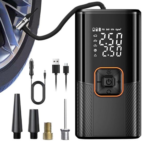 Draadloze Bandenpomp - Compressor - Luchtcompressor - 3000mAh Draadloos & Oplaadbaar - 10.3bar - Digitaal Display & Auto-stop - 4 Mondstukken Universeel - Compact & Incl. Tas - Voor Auto, Fiets & Bal — afbeelding 2