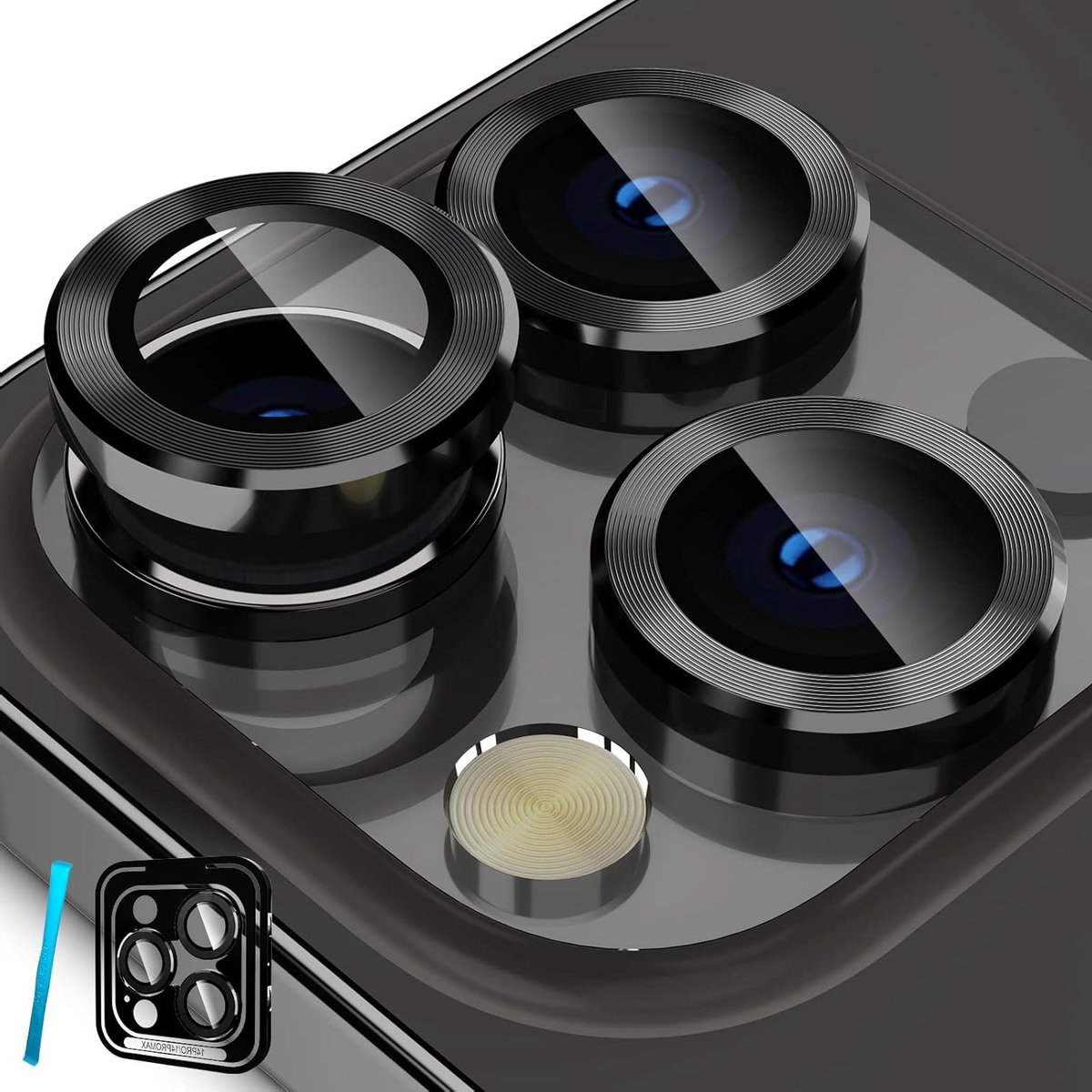 Cameralensbeschermer voor iPhone 14 Pro en 14 Pro Max, anti-kras gehard glas, metalen ring, hoesvriendelijk, zwart en duurzaam design