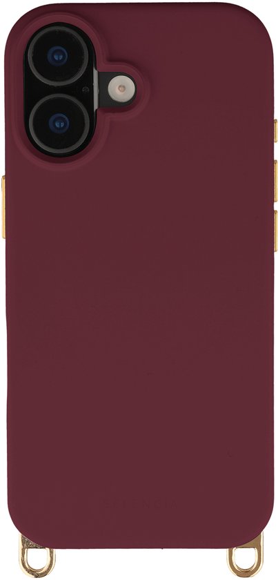 Coque de téléphone bordeaux avec double caméra et passants dorés en bas.