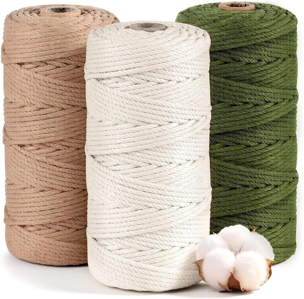 Katoenen Macramé Touw 3 mm x 100 m voor Creatieve Projecten, Wanddecoratie en Plantenhangers, 4 Draadjes (Groen, Beige, Bruin)